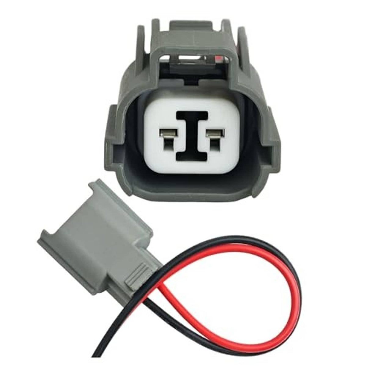 HID ballast 2-pin connector pigtail, gray plug housing with attached red and black leads