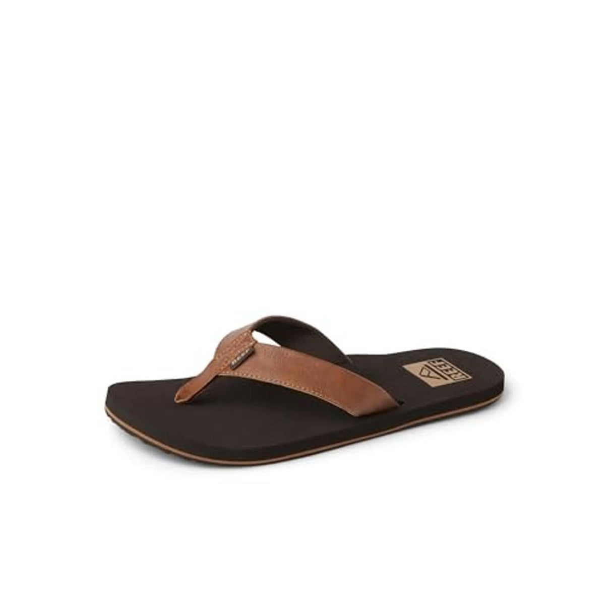 Brown flip-flop sandals with tan thong strap and black textured outsole.