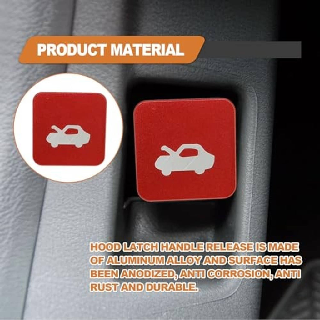 Red hood latch release button with wrench icon on gray dashboard panel