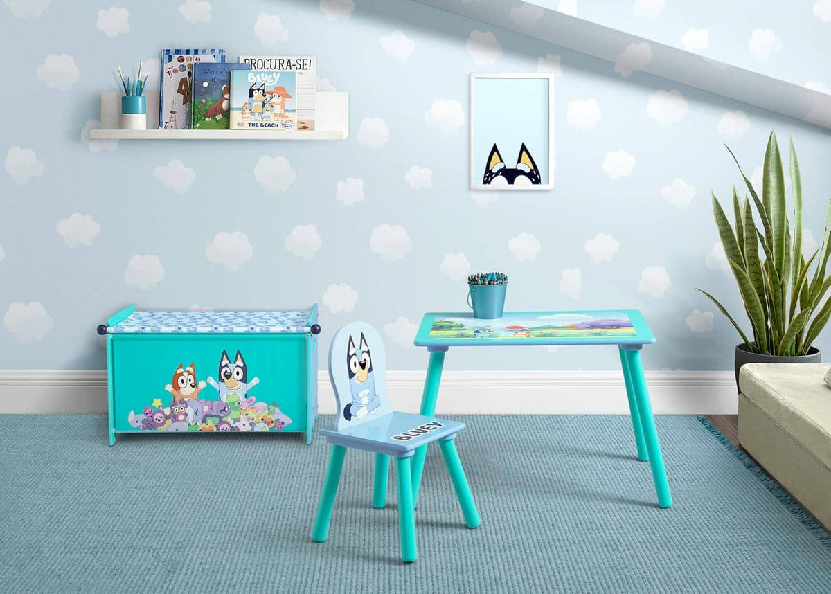 Bluey play table, chair, and toy box set with teal frames and character front panels