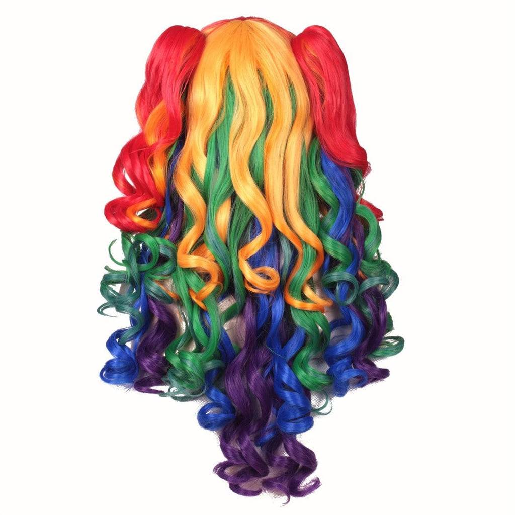 Rainbow long curly wig, back view with red, yellow, green, blue, and purple waves