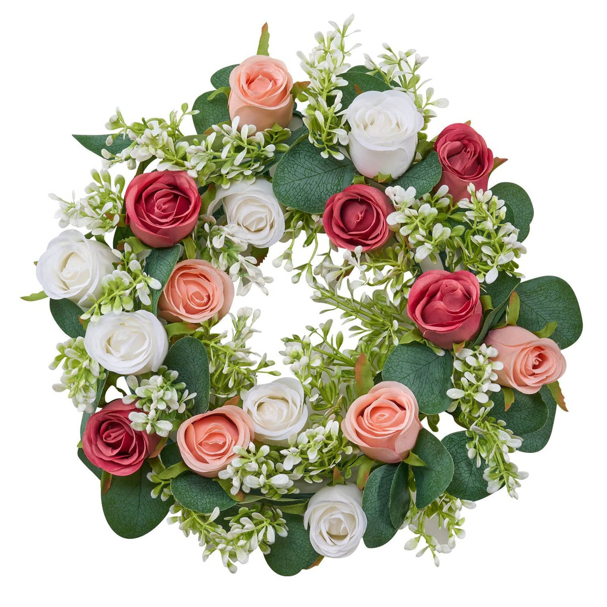 Artificial rose flower wreath ring with coral, pink, red, and white roses and green leaves