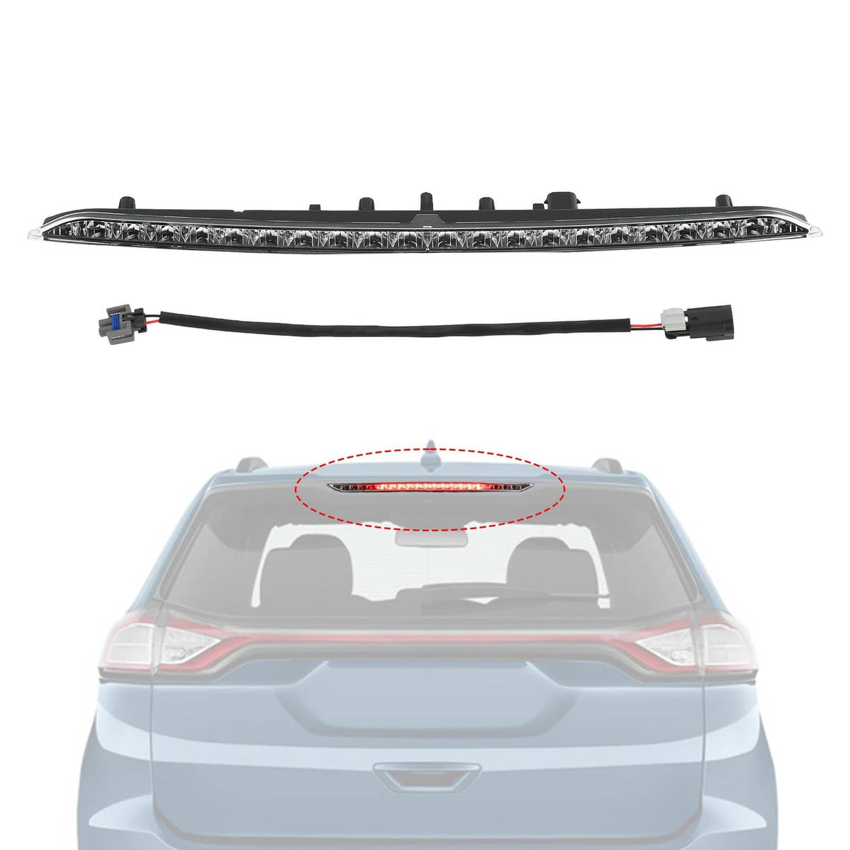 LED third brake light bar with red lens strip and two-wire connector pigtails