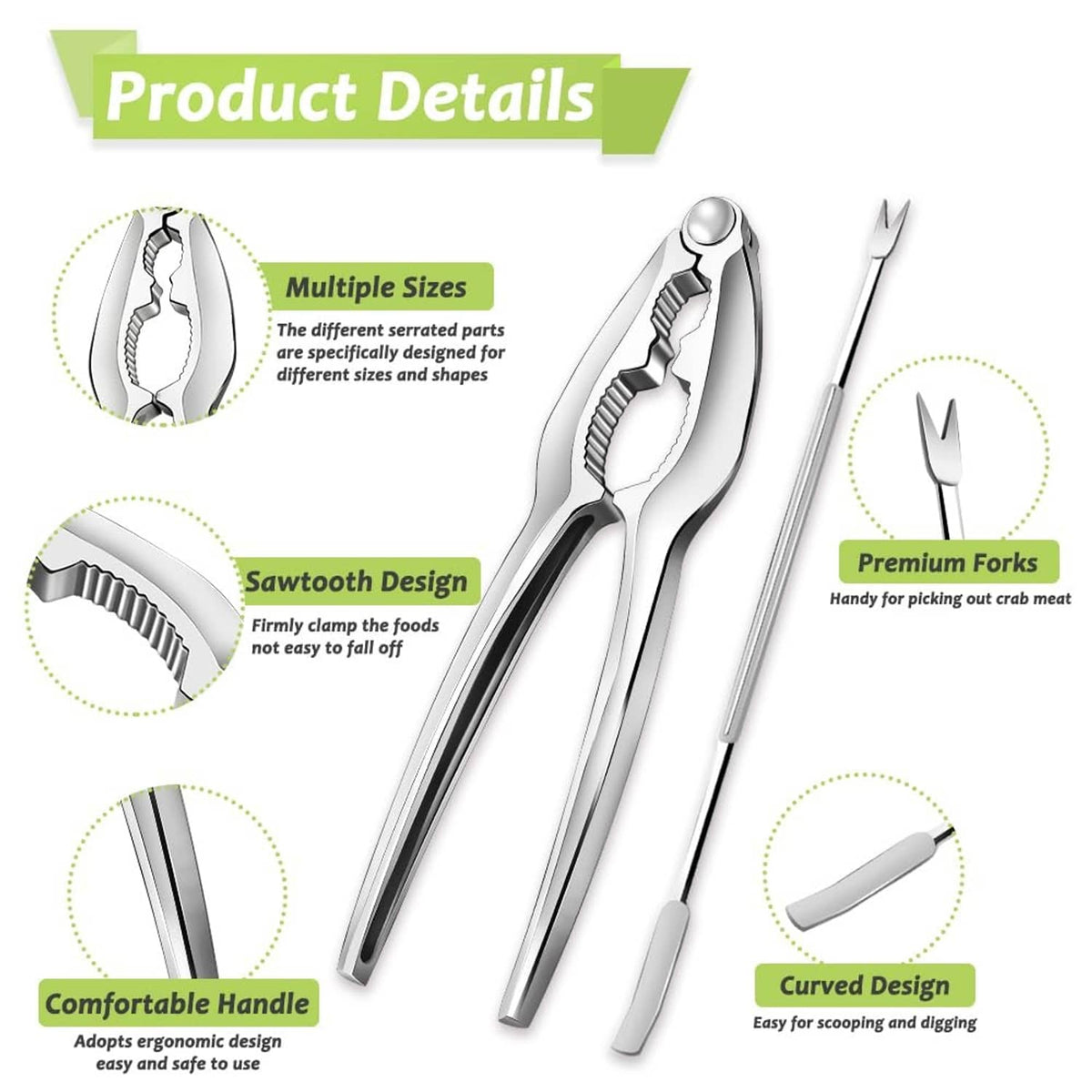 Stainless steel lobster cracker pliers and fork picks with sawtooth grip