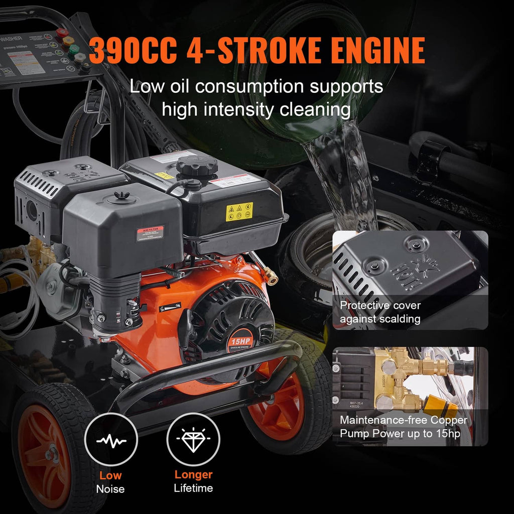 Gas pressure washer showing orange engine and black protective housing