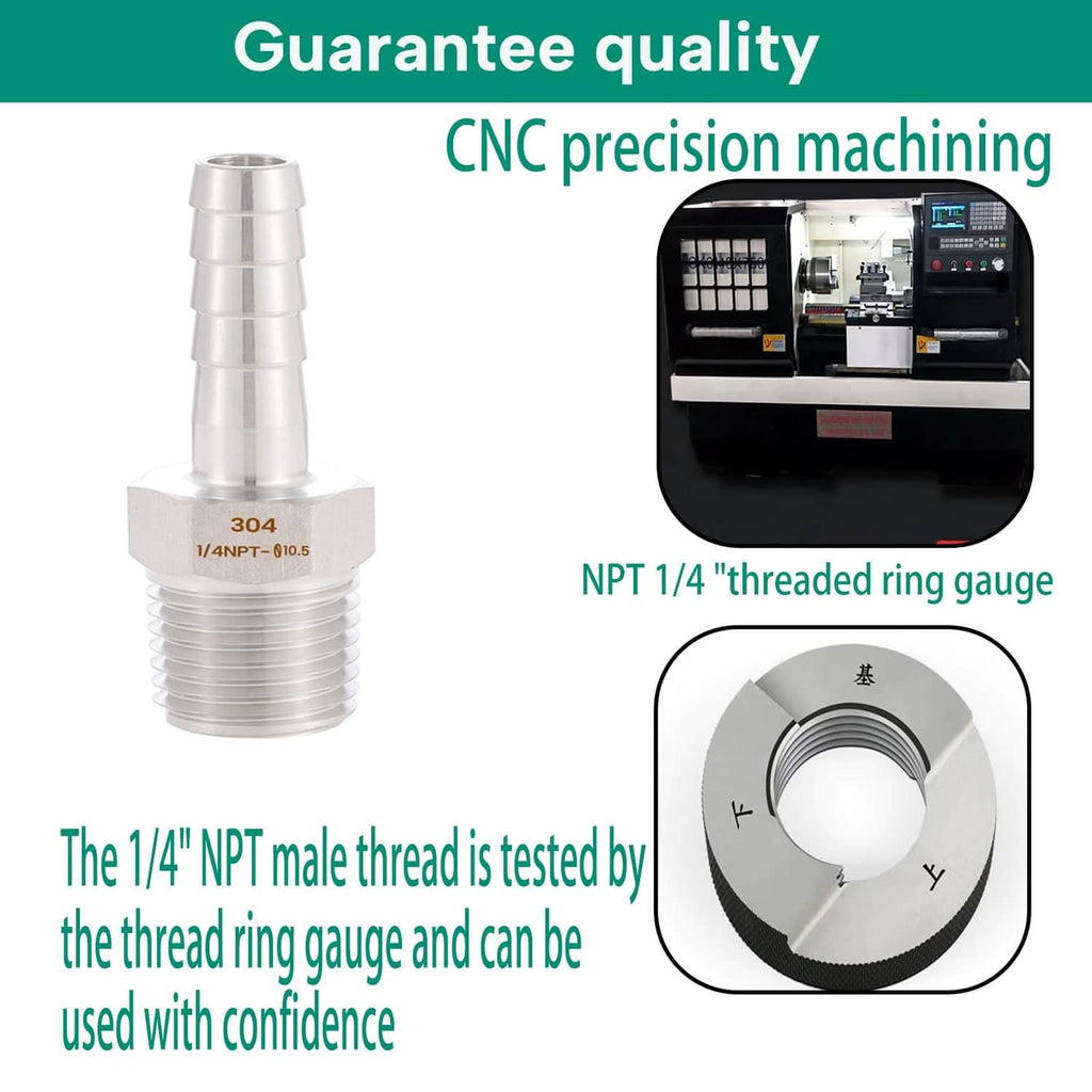 304 stainless steel 3/8 hose barb to 1/4 male NPT fitting, CNC and gauge details shown