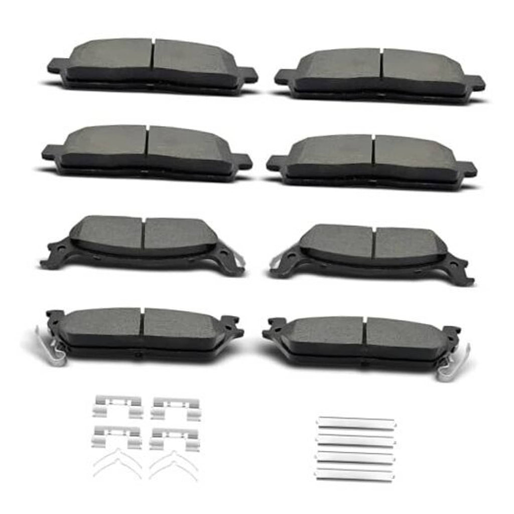 Ceramic brake pad set with clips, gray pads and metal hardware, eight-piece set