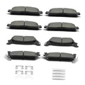 Ceramic brake pad set with clips, gray pads and metal hardware, eight-piece set