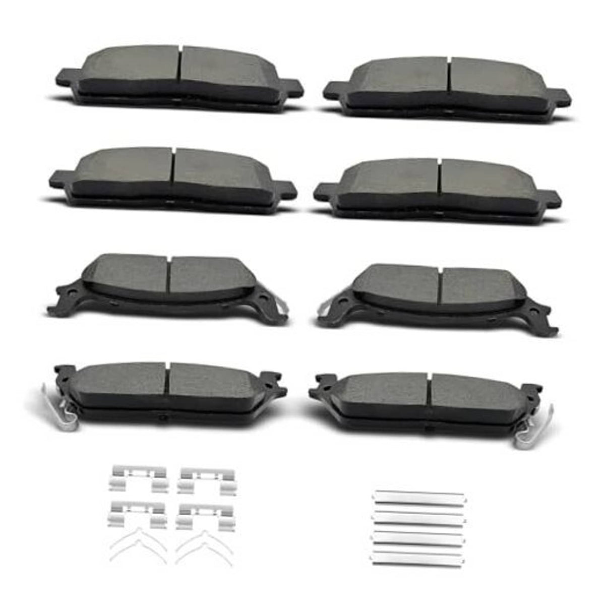 Ceramic brake pad set with clips, gray pads and metal hardware, eight-piece set