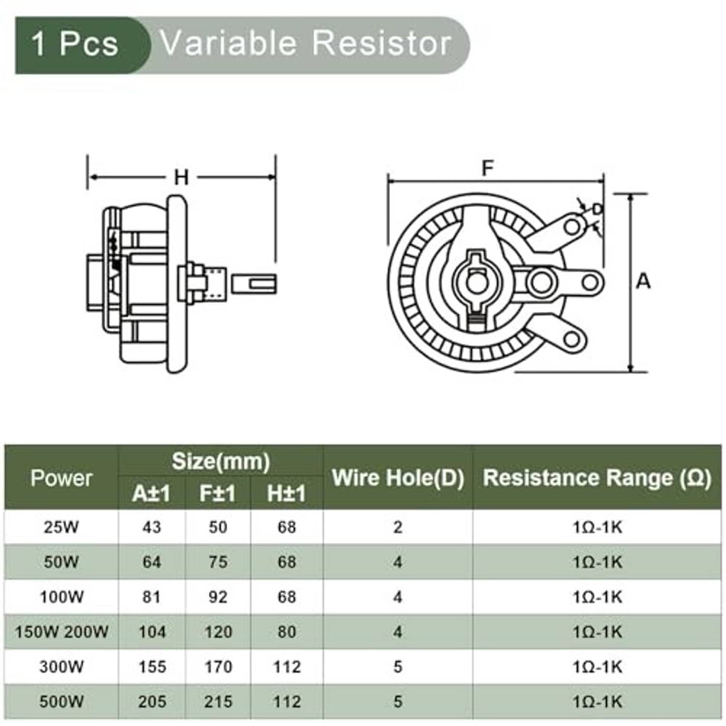 Variable resistor dimension diagram with power rating and resistance range chart