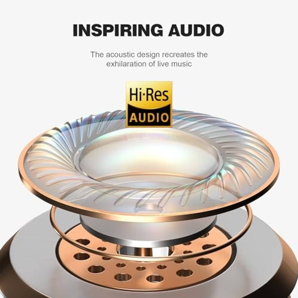 Circular earcup driver close-up with a grille and gold-toned ring