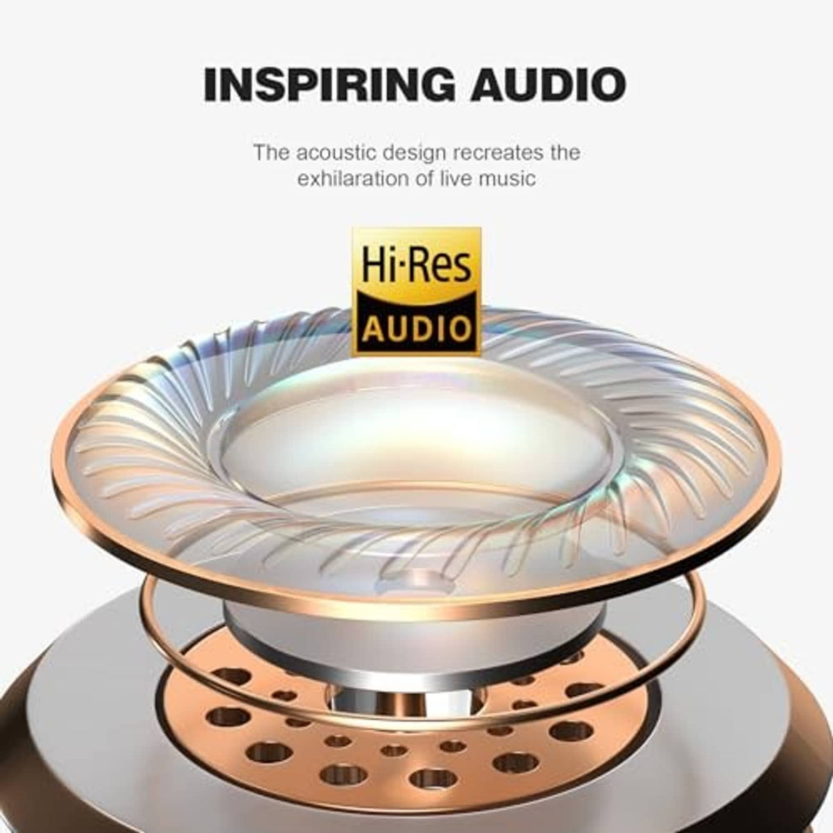 Circular earcup driver close-up with a grille and gold-toned ring