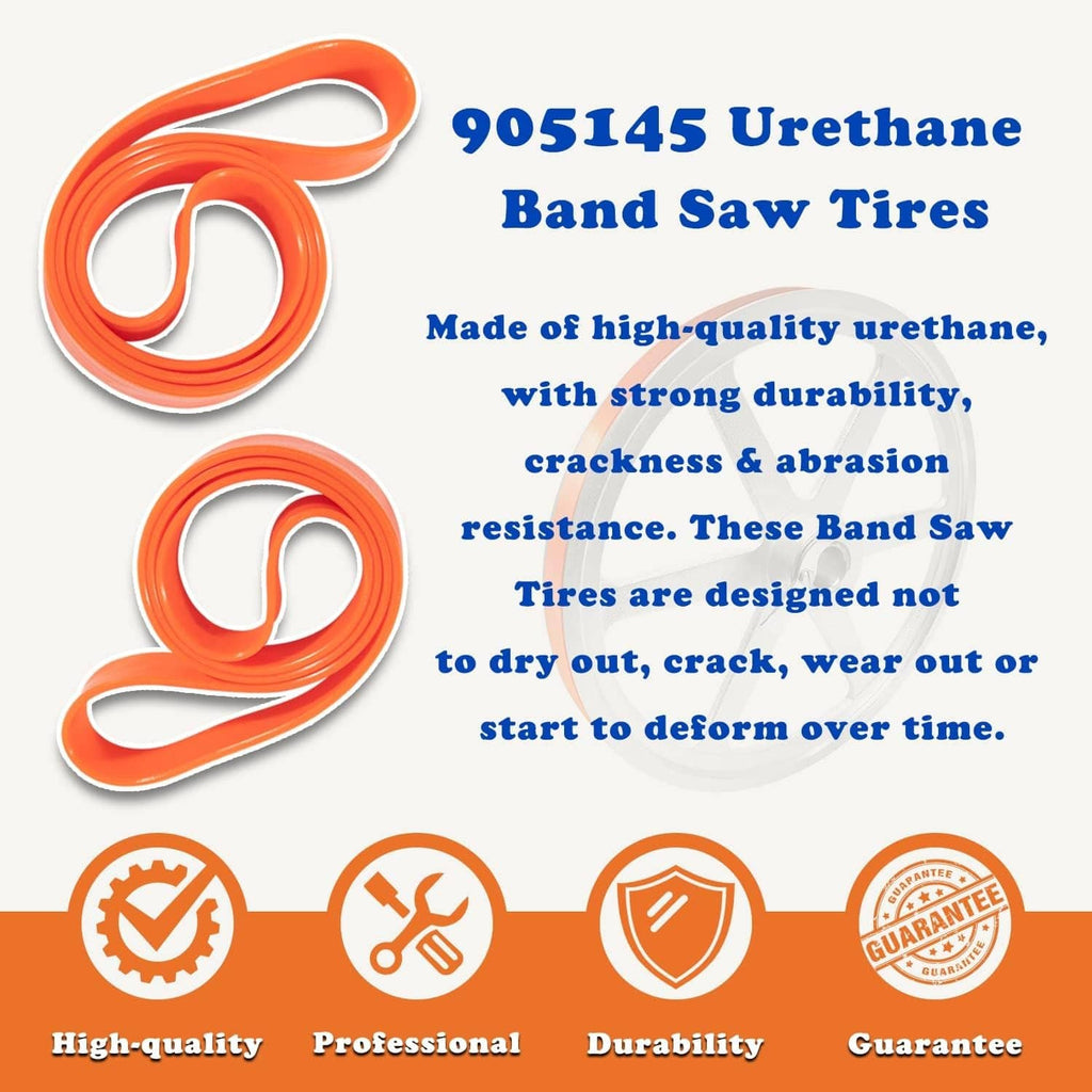 Orange urethane band saw tire loops on a product info graphic