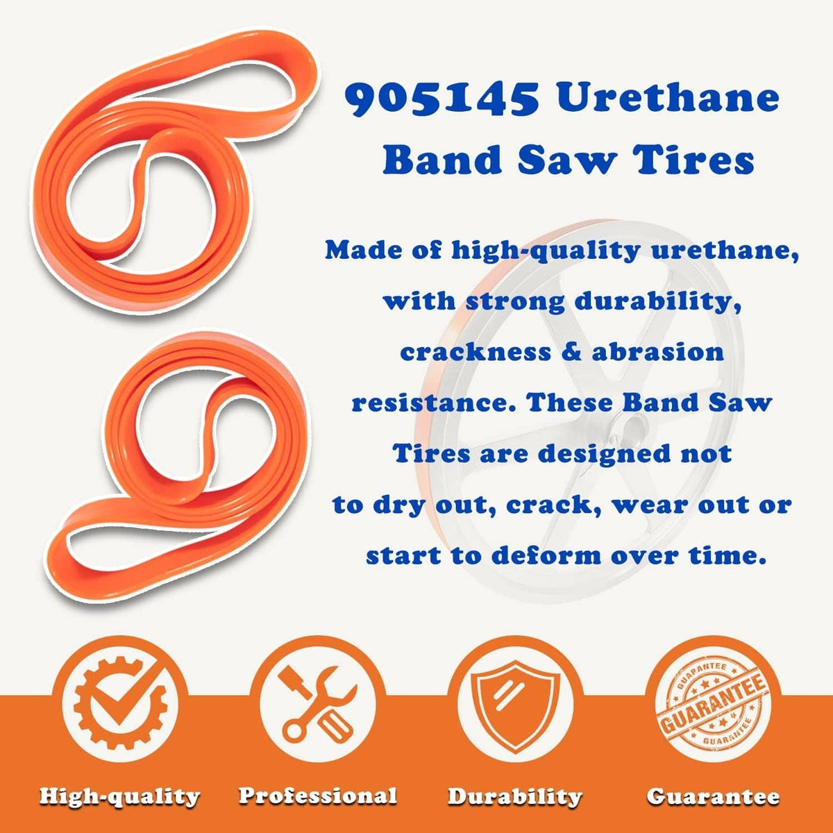 Orange urethane band saw tire loops on a product info graphic