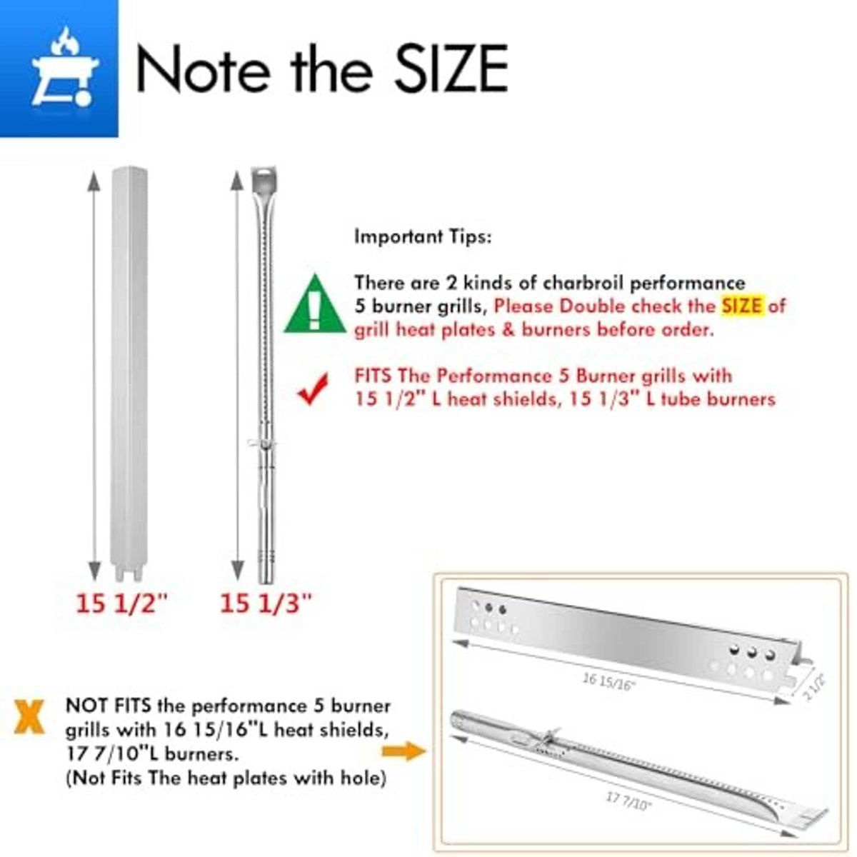 Size diagram for stainless steel heat tents and burner tubes with length measurements