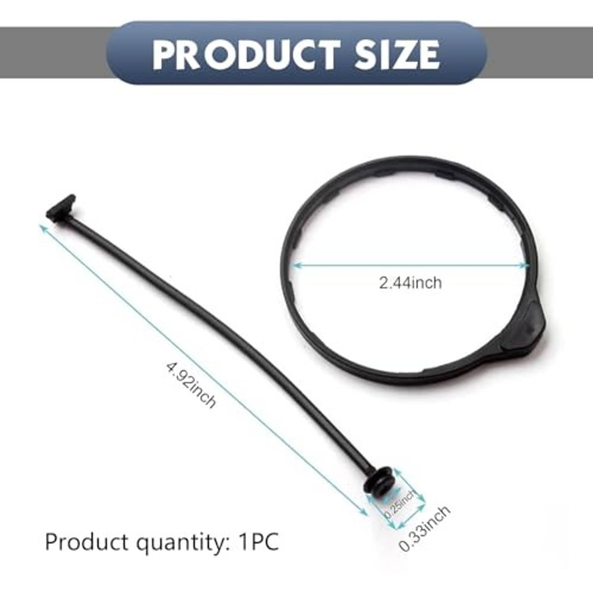Fuel filler cap tether rope and clip set, black cord with labeled dimensions