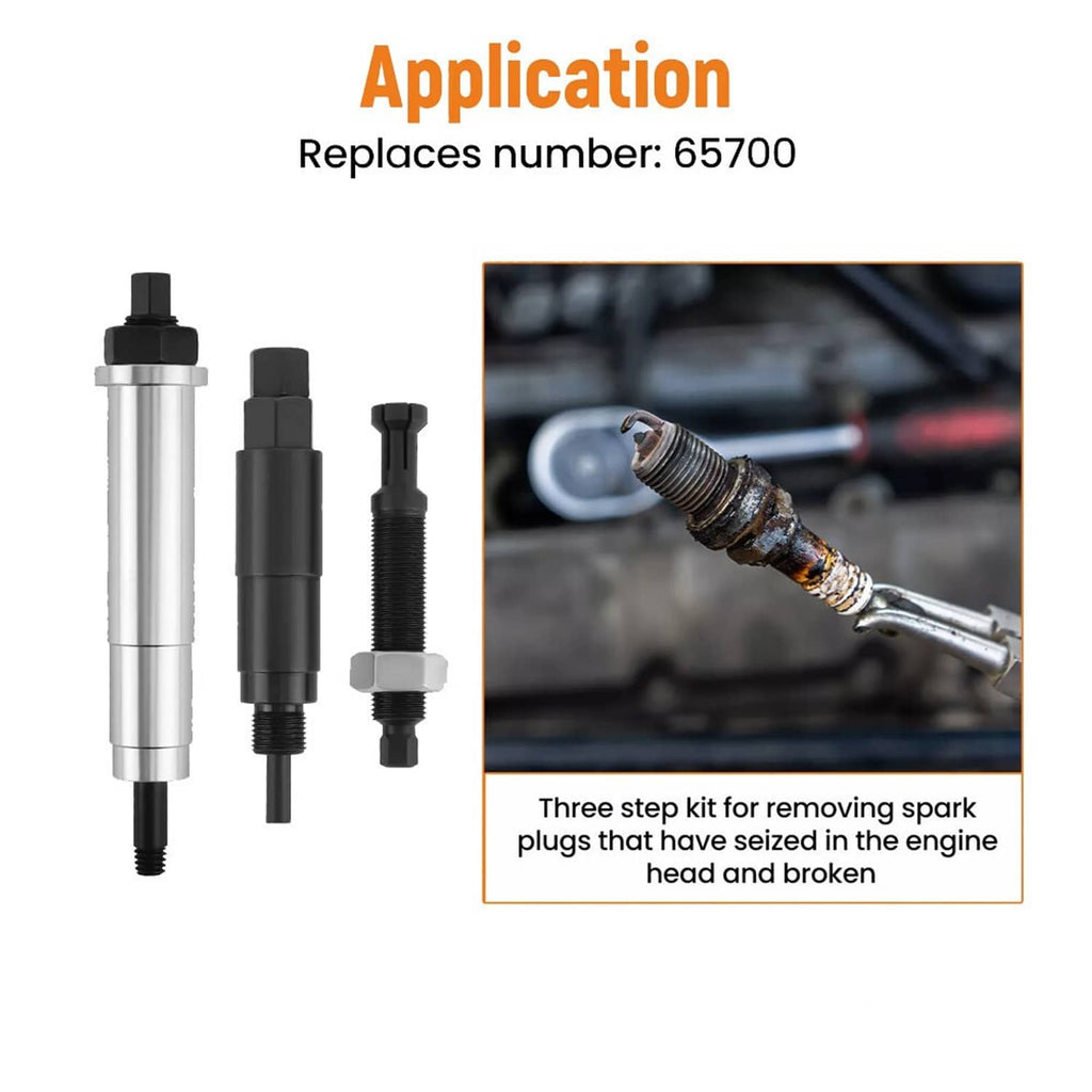 Spark plug removal three-piece kit with black and chrome parts, application illustration