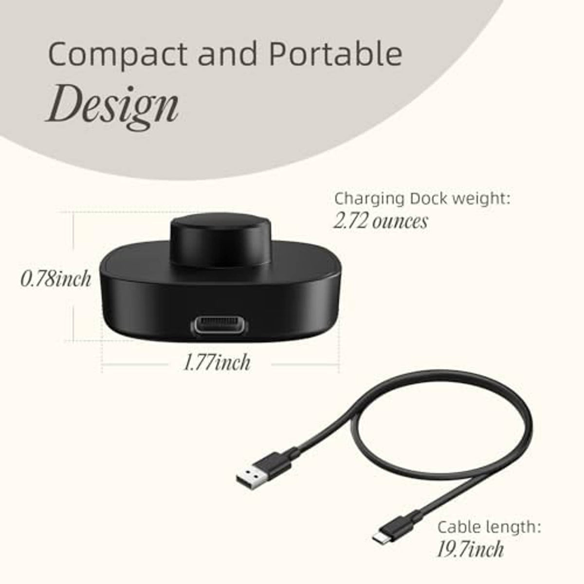 Compact black charging dock with USB-C cable and connector