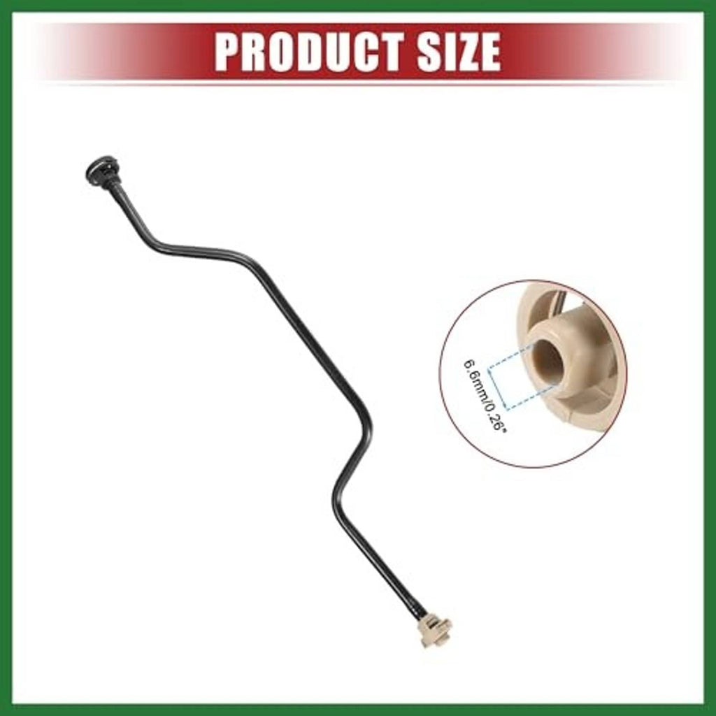 Coolant overflow hose with product-size inset showing measurement detail on black tubing.