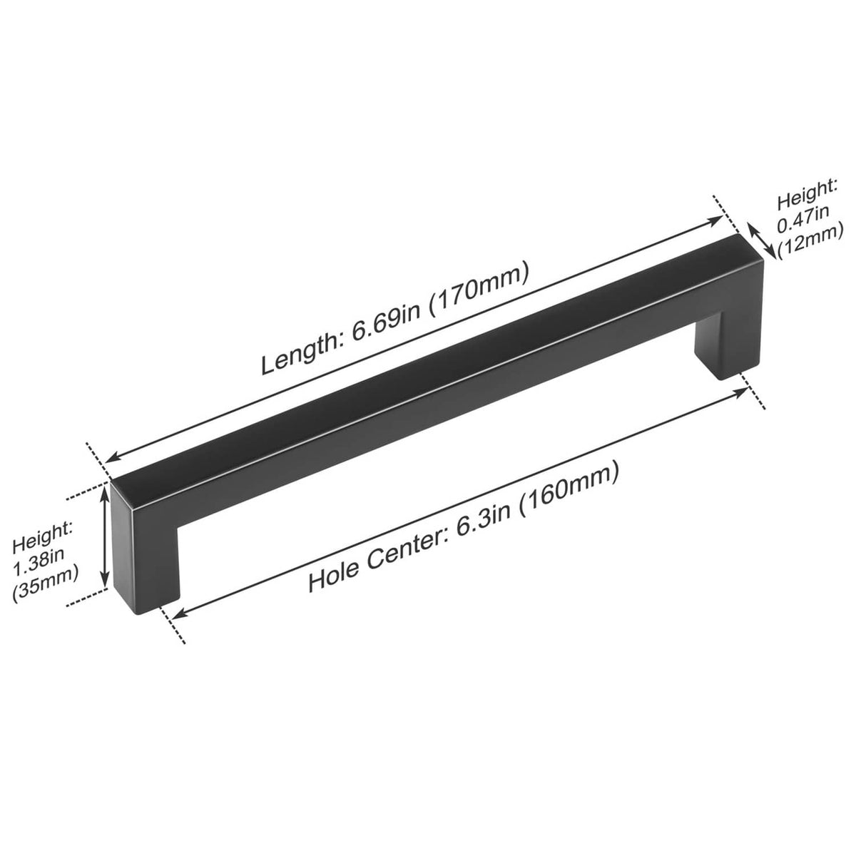 Matte black cabinet pull length and height measurement diagram with 0.47 in height