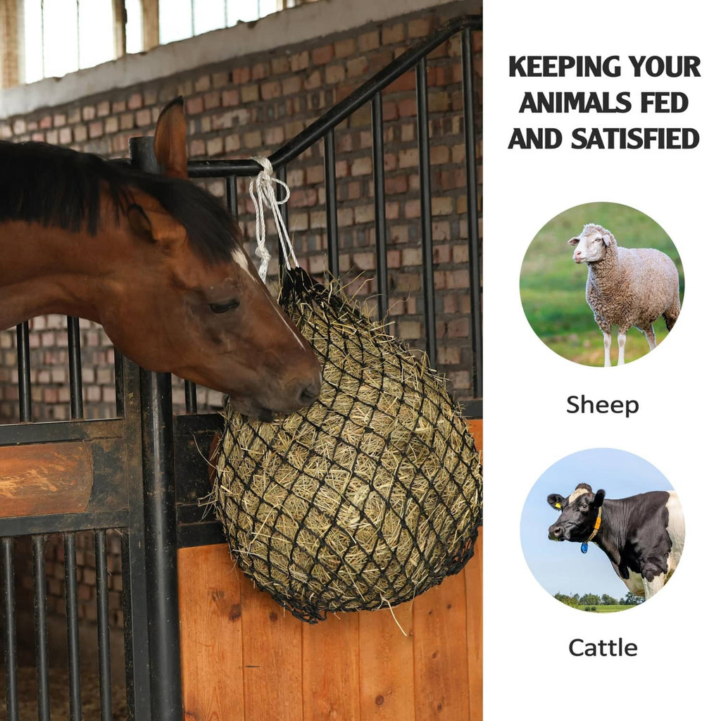 Hay net bag hanging as a horse feeds from the net opening