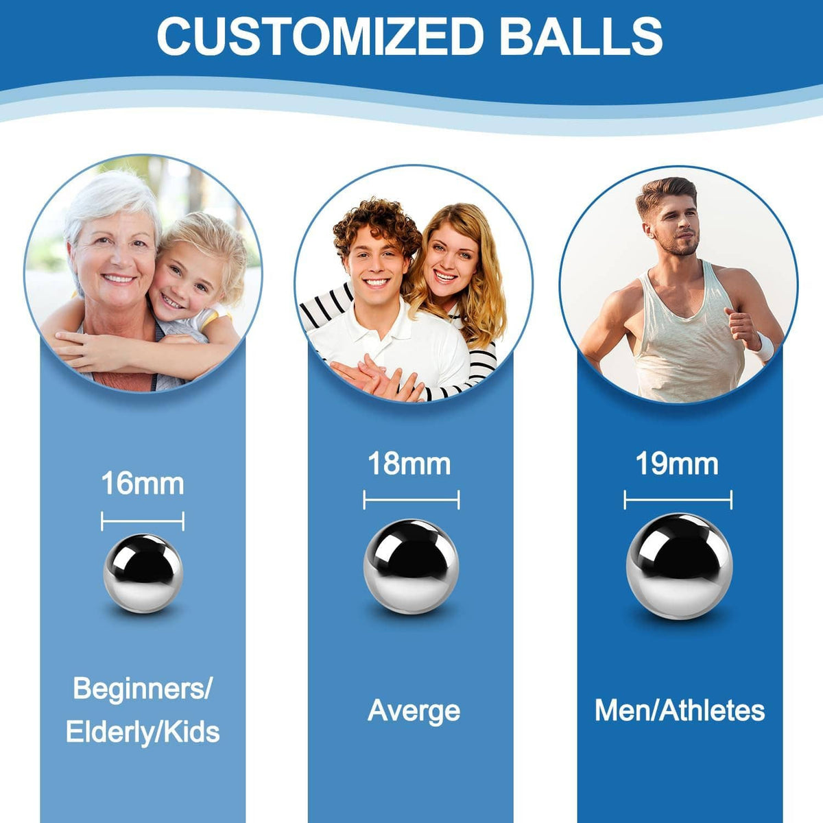Set of black metal exercise balls in 16mm, 18mm, and 19mm resistance sizes