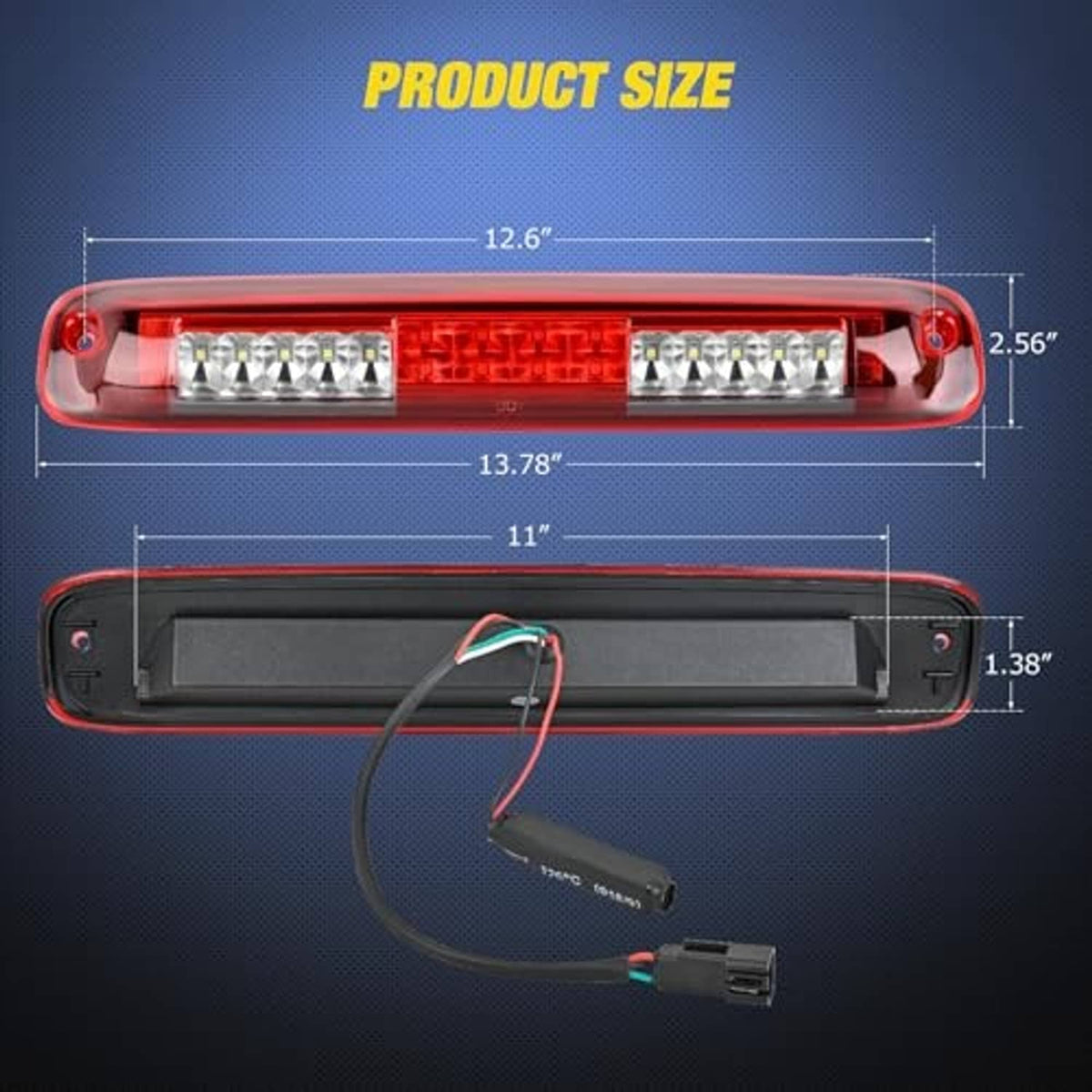 Third brake light housing with red lens and LED bars, with size diagram