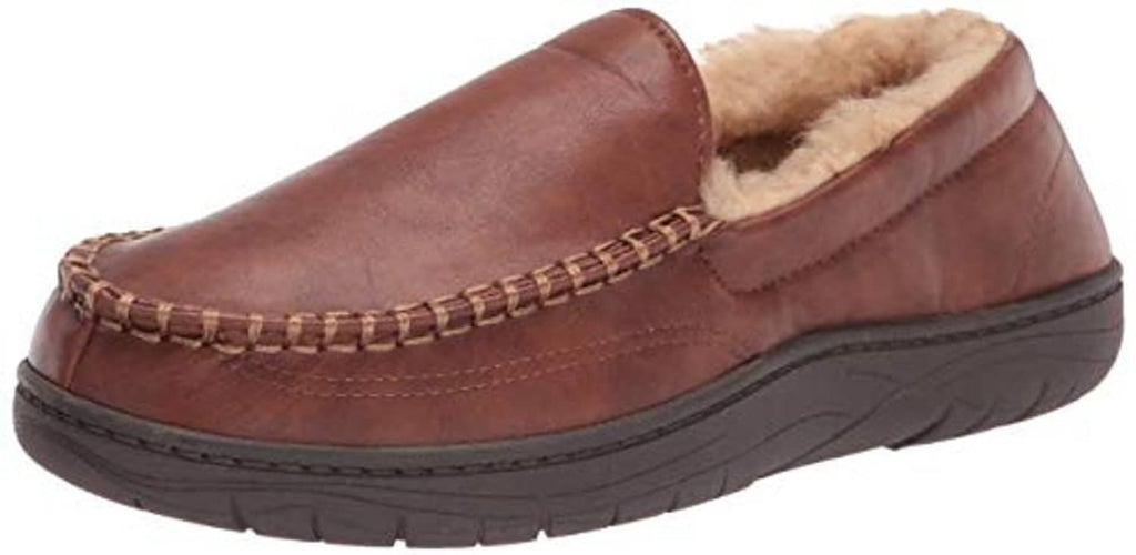 Men's tan suede-look slip-on house shoe with faux fur lining and moccasin stitching