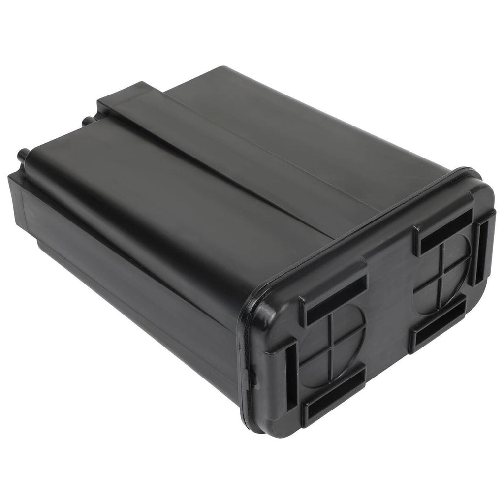 Charcoal fuel vapor canister, black rectangular housing with latch slots and ports