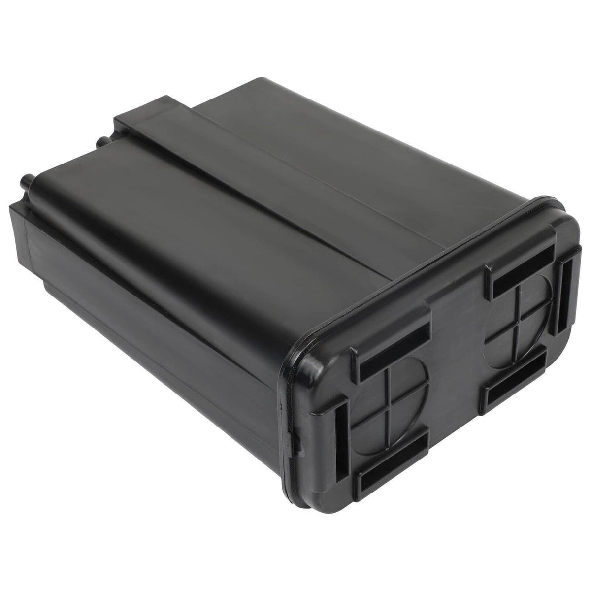 Charcoal fuel vapor canister, black rectangular housing with latch slots and ports