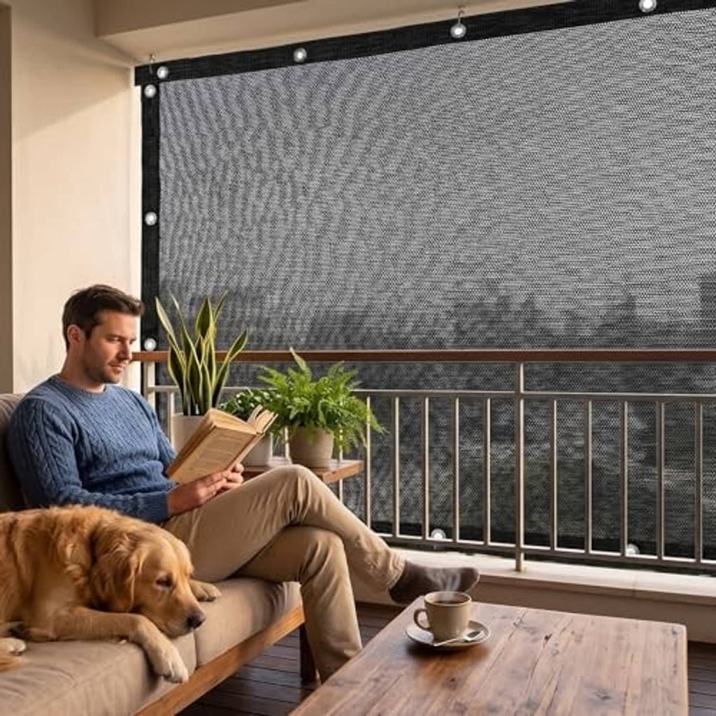 Black mesh shade cloth panel hung on a balcony railing for outdoor seating area