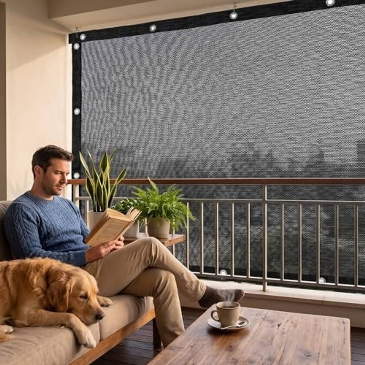 Black mesh shade cloth panel hung on a balcony railing for outdoor seating area