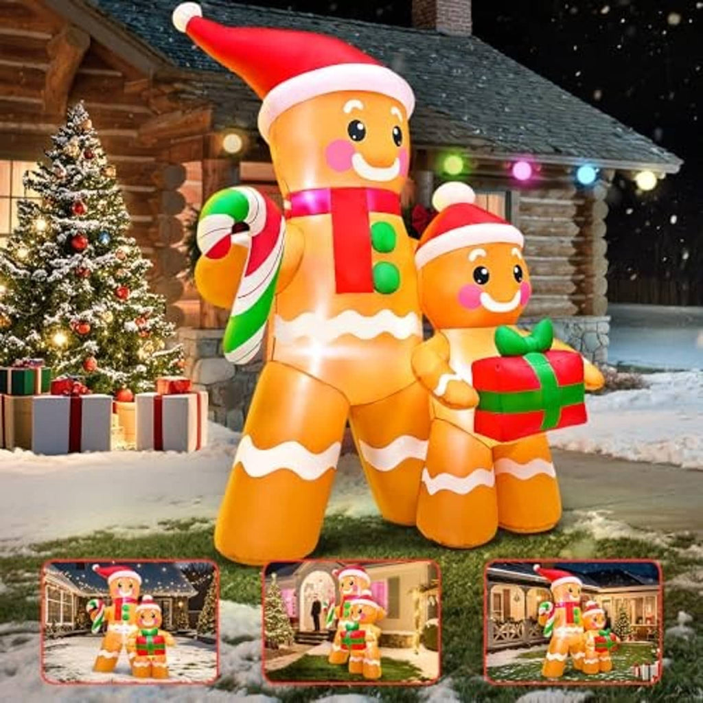 Snowy yard inflatable gingerbread figures, red hats, candy cane and wrapped gift