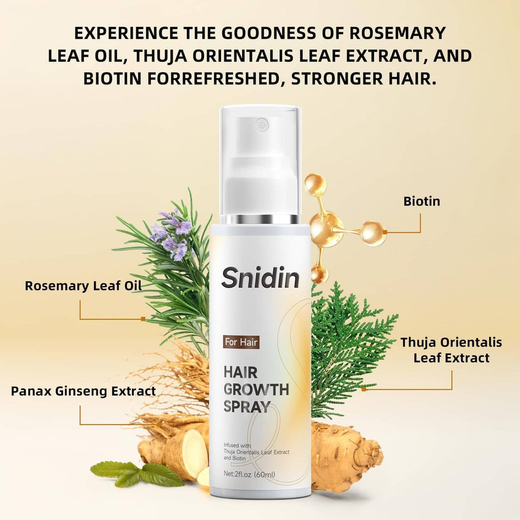 Hair growth spray bottle with rosemary leaf oil, biotin, and extract labels