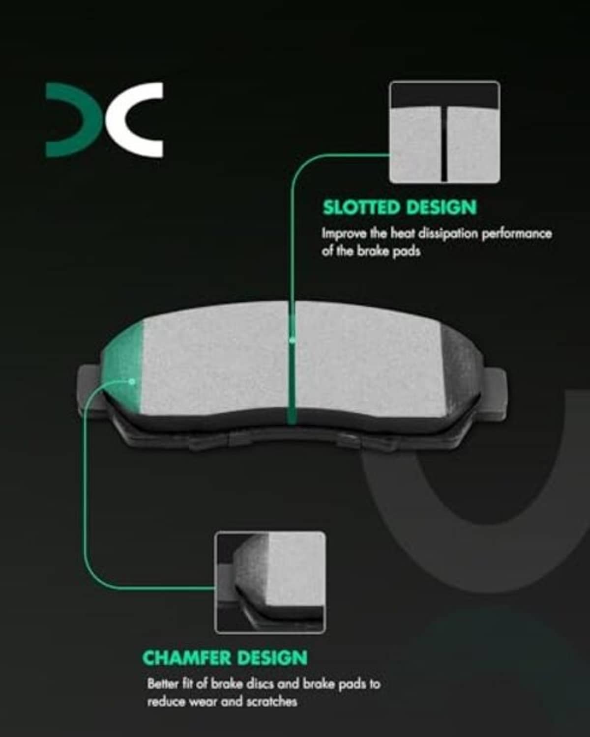 Ceramic brake pad showing slotted design and chamfered edges on the friction face