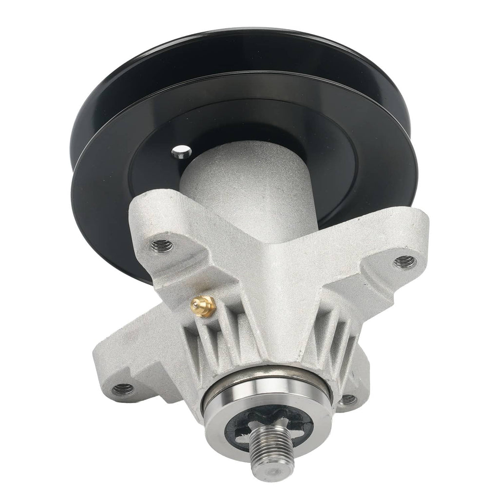 Gray spindle housing with central shaft and black pulley wheel, mounting bolts