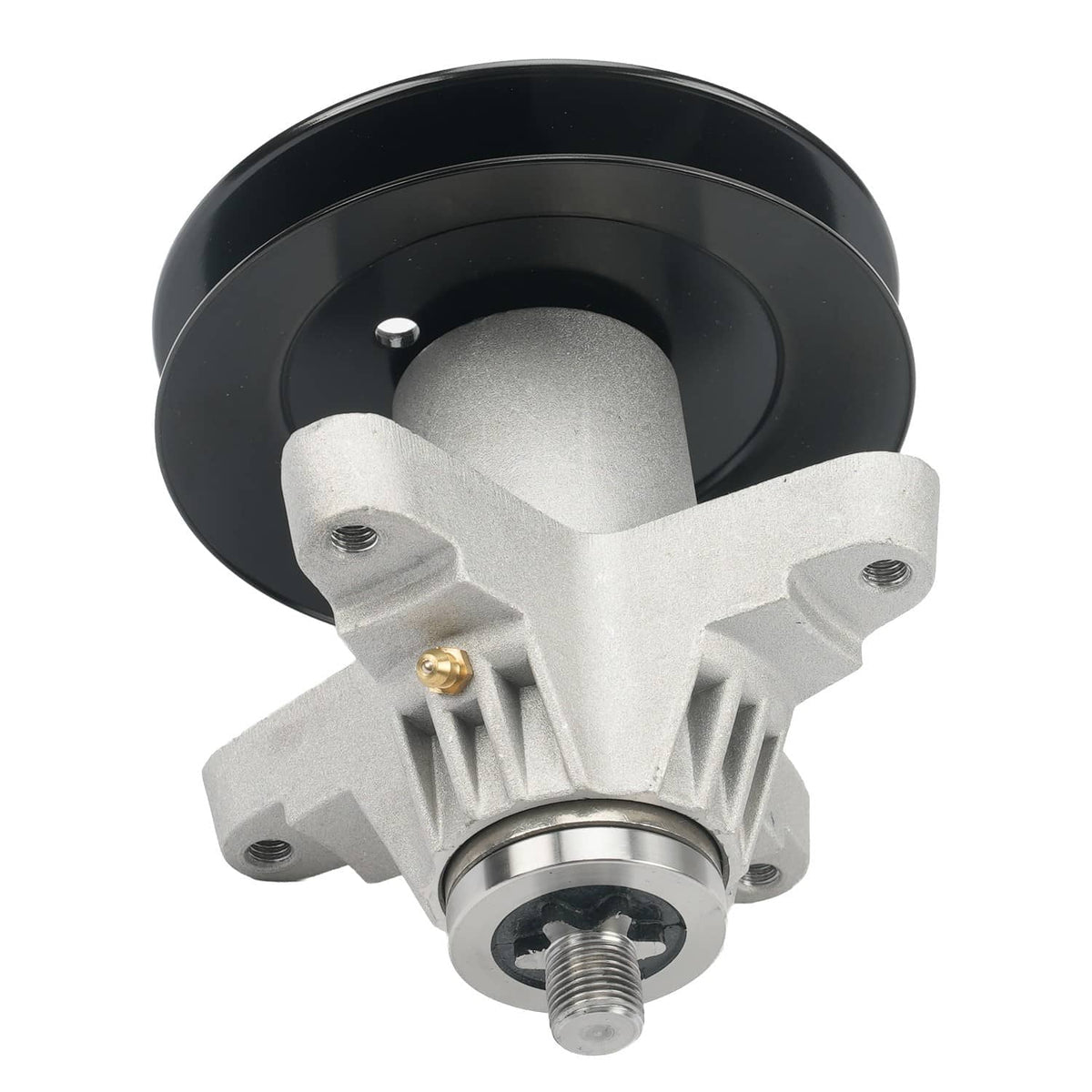 Gray spindle housing with central shaft and black pulley wheel, mounting bolts