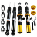 Black coilover strut pair with gold top mounts, protective boots, and coil springs
