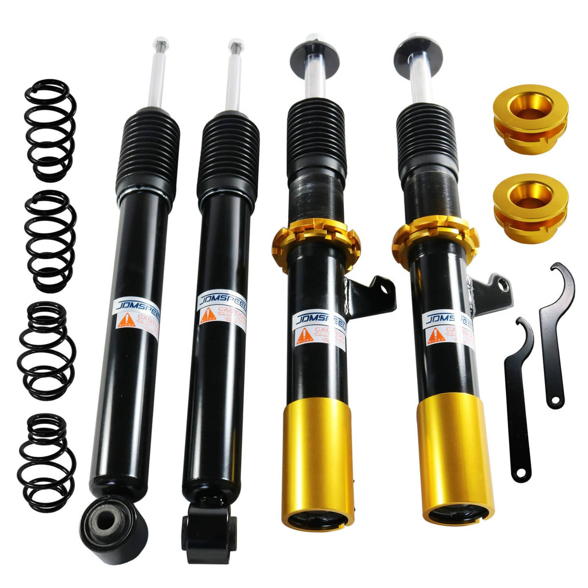 Black coilover strut pair with gold top mounts, protective boots, and coil springs