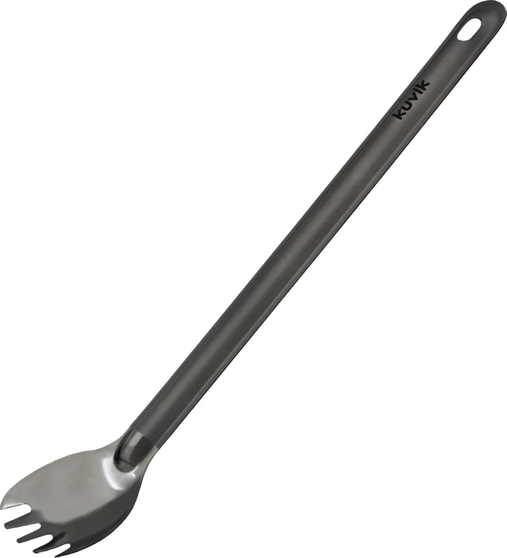 Titanium spork with dark handle, fork tines, and metal bowl