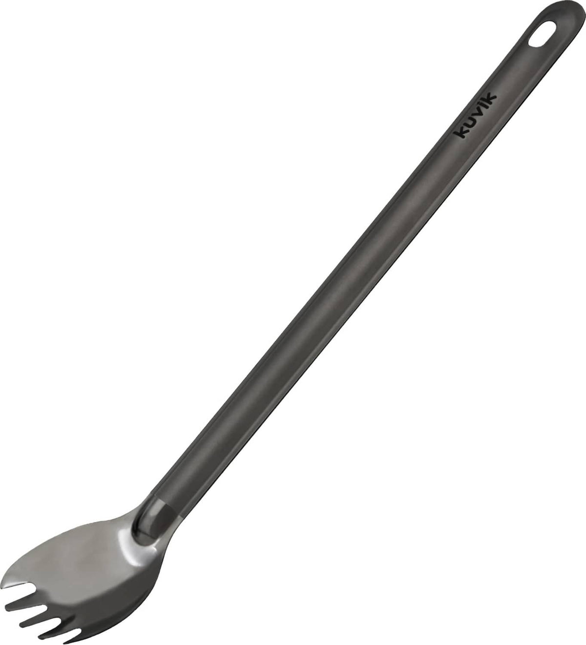 Titanium spork with dark handle, fork tines, and metal bowl