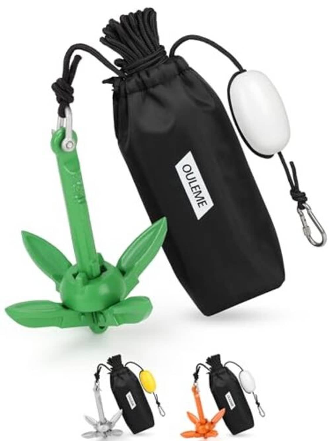 Green folding grapnel anchor with 40 ft rope, buoy ball, carabiner and black bag set
