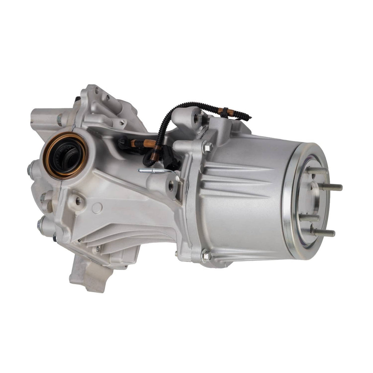 Rear axle differential carrier with coupling unit, angled view of gray housing and output flange