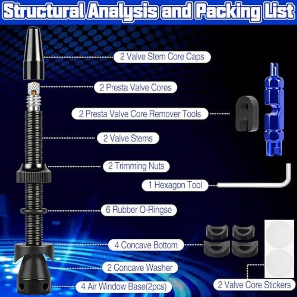 Tubeless Presta valve stem kit with black valve stems, core caps, O-rings, and tools