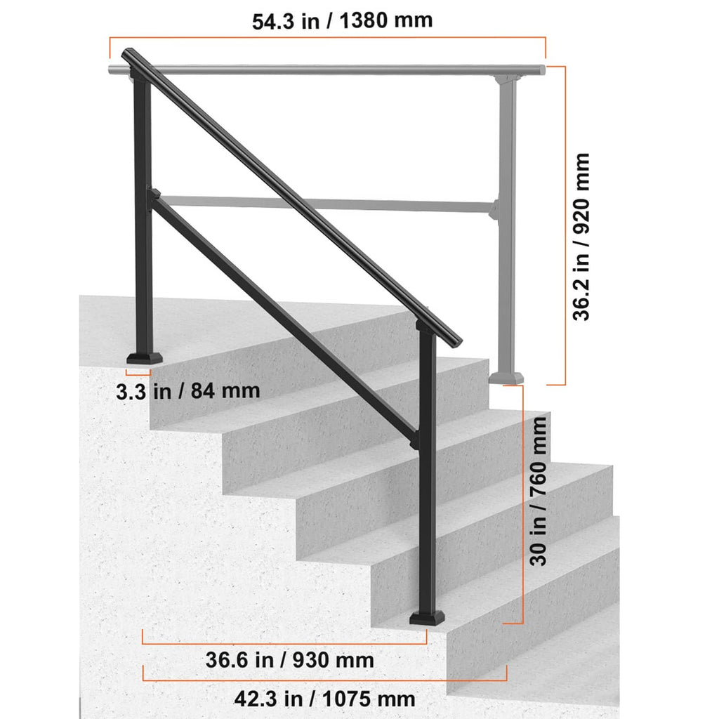 Black carbon steel stair handrail with diagonal rails and two freestanding posts