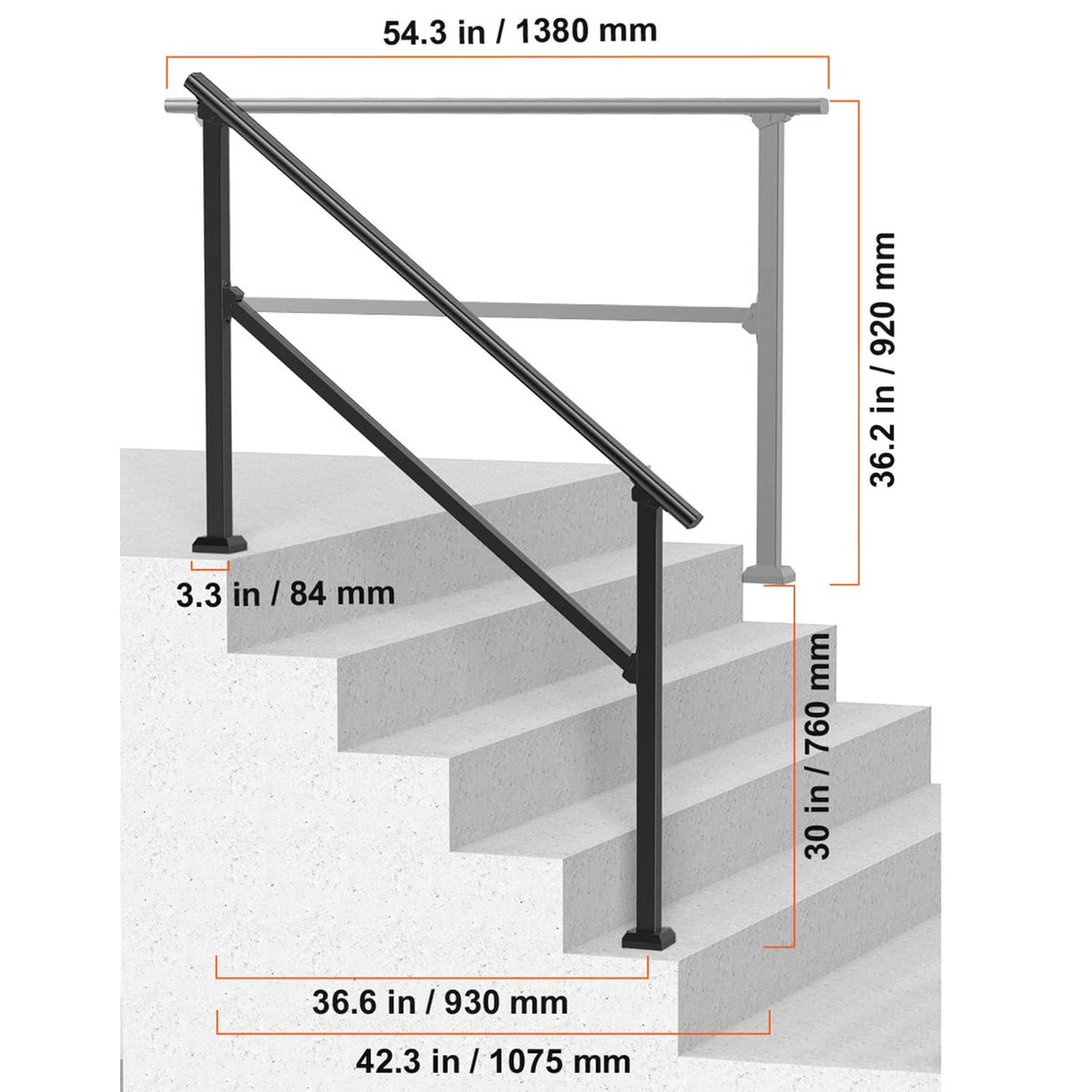 Black carbon steel stair handrail with diagonal rails and two freestanding posts