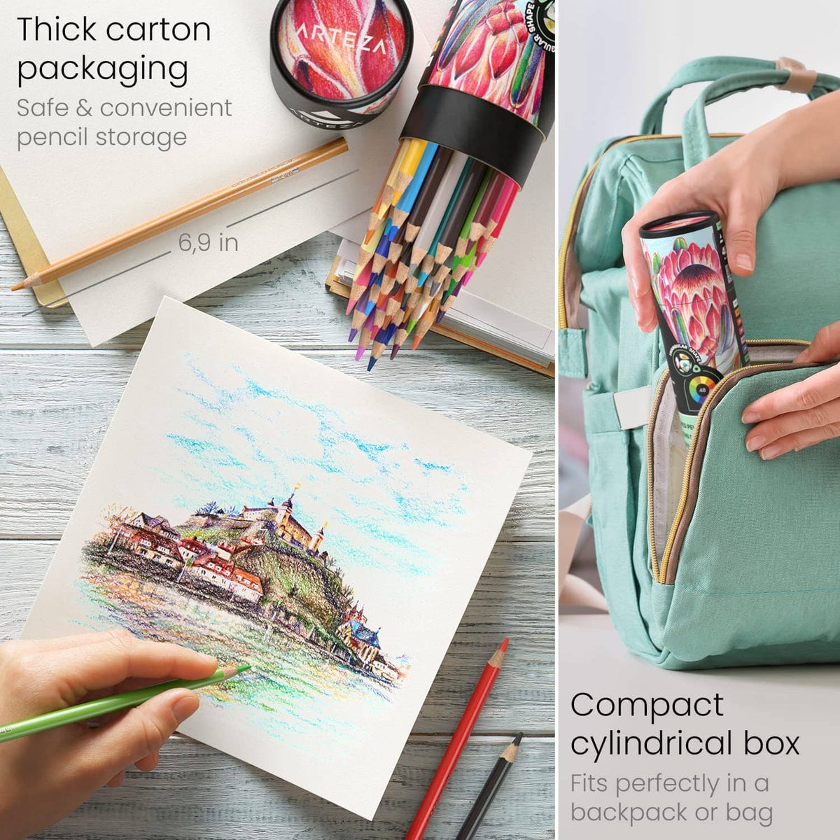 Compact cylindrical tin of colored pencils for storage with a printed lid and pencils
