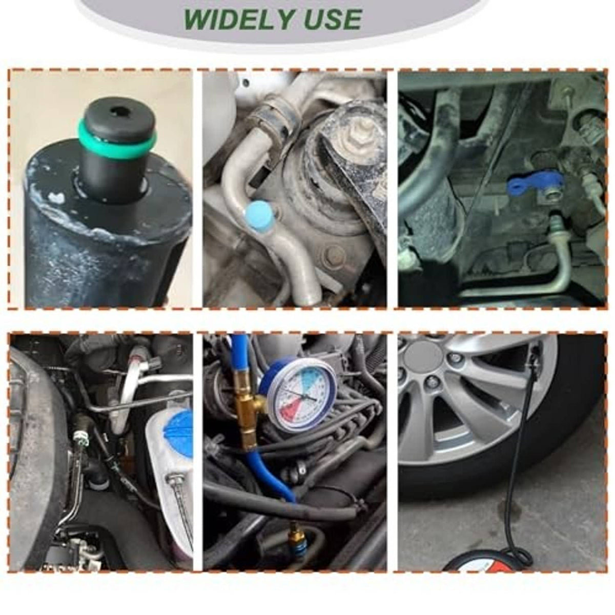 Car A/C repair kit shown in engine bay with gauge and service hose connections