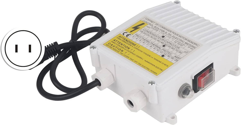White submersible pump controller with black power cord and red switch indicator window.