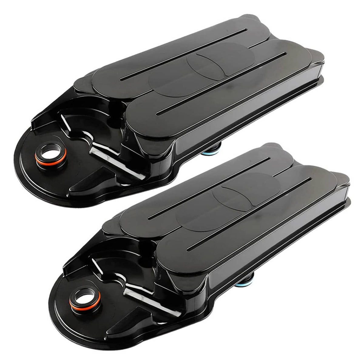 2-pack crankcase ventilation filter housings, black with orange seals and mounting ports